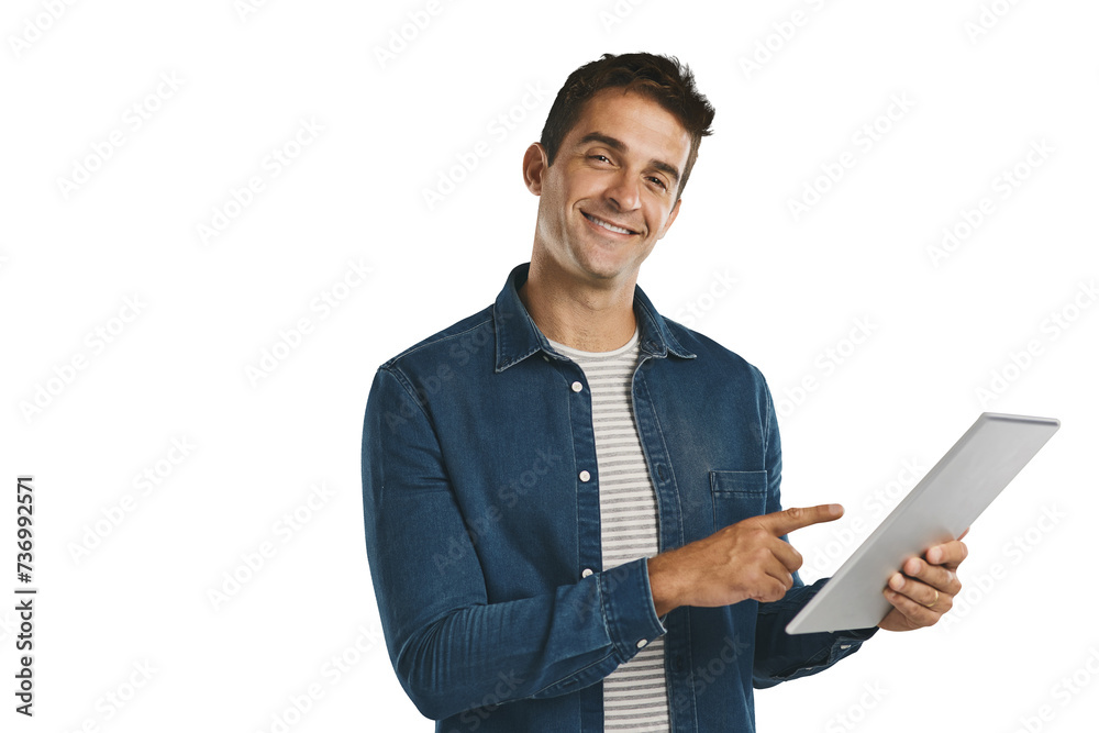 Poster smile, tablet and portrait of man on social media, internet or pointing isolated on a transparent pn