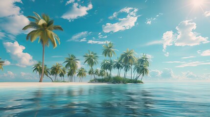 Beach on a sandy island in the ocean, seascape, tropical island with palm trees, and sea view. Exotic travel, - obrazy, fototapety, plakaty