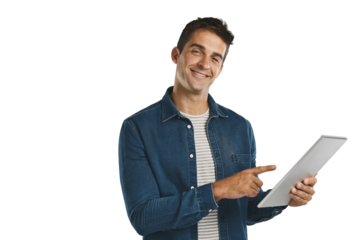 Smile, tablet and portrait of man on social media, internet or pointing isolated on a transparent png background. Smartphone, face and happy person on technology, app and reading email notification