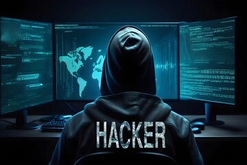 closeup photo illustration of a dangerous hacker analyzing computer systems =AI generated illustration - obrazy, fototapety, plakaty