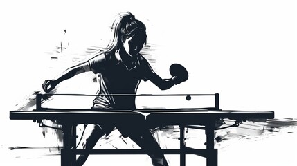 Isolated vector silhouette of a woman playing table tennis and ping pong, front view in ink drawing - obrazy, fototapety, plakaty