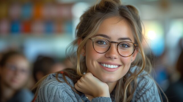 Close-up portrait of a beautiful girl student against the background of a classroom.