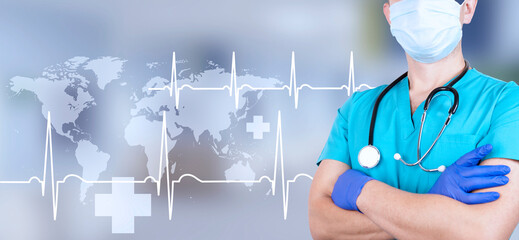 Doctor with stethoscope, Health concept with correct cardiogram and pulse line on abstract digital...