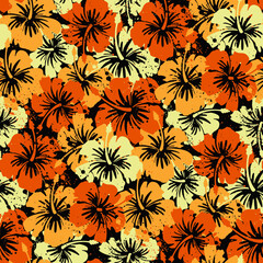 Fototapeta na wymiar Grunge tropical hibiscus flowers patchwork wallpaper vintage vector seamless pattern for summer wear fabric shirt swimsuit beach towel 