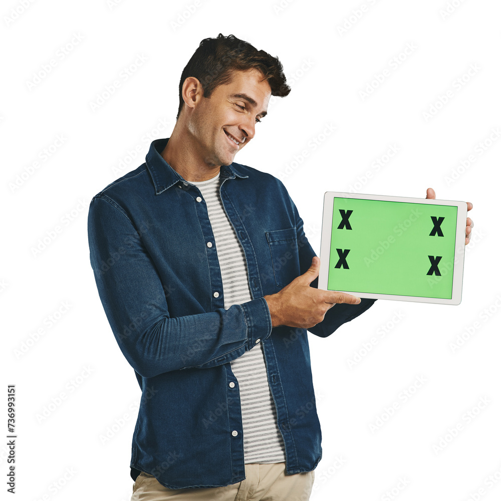 Poster man, tablet and mockup with green screen for logo, branding or promotion with technology. model, smi