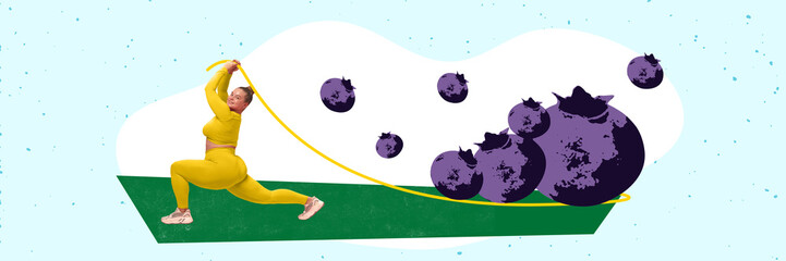 Banner. Contemporary art collage. Young chubby woman doing active exercises with fresh and healthy blueberries. Nutrition and sport. Concept of healthy lifestyle and body care, balanced diet.