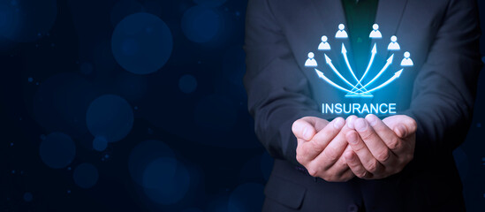 Insurance concept. Insurance agent and clients of the insurance company. wide banner composition...