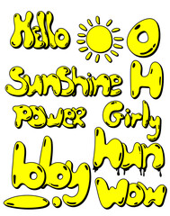 the set of words in floating style font in yellow colors