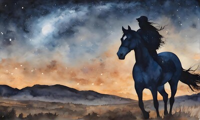 Obraz na płótnie Canvas a closeup photo illustration of a young woman riding a beautiful horse in an evening setting =AI generated illustration