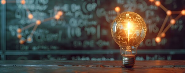 Scientific thought illuminated by a glowing lamp among physical and mathematical formulas. Concept Scientific Enlightenment, Illuminated Ideas, Mathematical Formulas, Glowing Lamp - obrazy, fototapety, plakaty