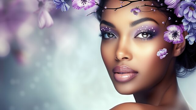 Woman's face with flowers and background with free space for text.