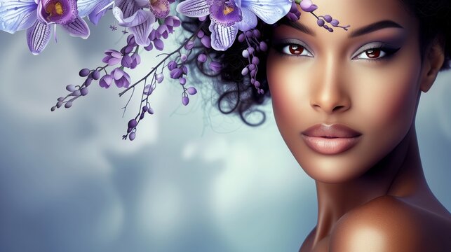 Woman's face with flowers and background with free space for text.