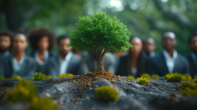 A team meeting in progress, with members from diverse backgrounds discussing around a table where a small, vibrant tree sits centrally, representing the core of their sustainable growth mission.