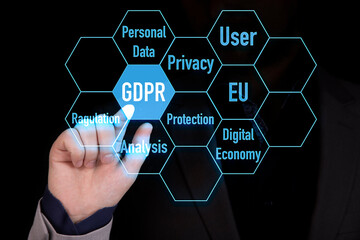 GDPR, General Data Protection Regulation, Privacy, EU Compliance. A businessman's hand finger...