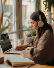 Young Woman Studying with Headphones and Laptop