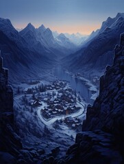First Light on Alpine Villages in Winter Dawn: Captivating Painting of Icy Terrain