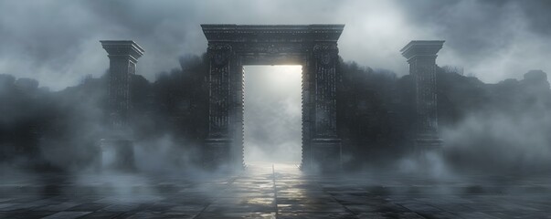 Eerie symbols mar an ancient gateway invoking a chilling sense of foreboding. Concept Mysterious Gateway, Sinister Symbols, Foreboding Atmosphere, Ancient Enigma, Chilling Mystery