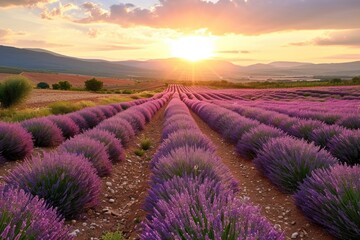 Lavender fields. Summer sunset landscape in Brihuega  Lavender