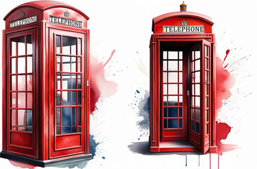 Obraz premium Beautiful watercolor illustration of red London telephone boxes in London, UK.