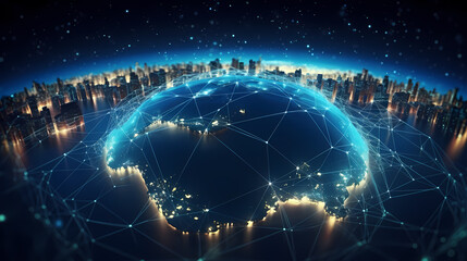 Polygonal mesh network map of the world with lines and points, points and connections