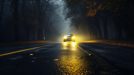 Autumn fog on a wet night road