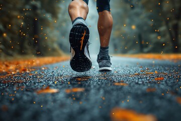 A person demonstrating strength and determination as they run along a wet road during a rainstorm. - obrazy, fototapety, plakaty