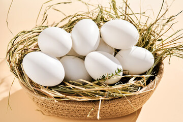 Wicker basket with farm natural white eggs.