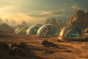This image captures the serene dusk landscape on Mars, featuring a series of geodesic glass domes that signify the advancement of human habitation on the extraterrestrial terrain. - obrazy, fototapety, plakaty