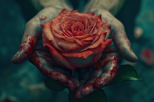 A close-up photo of a man tightly holding a red rose in his hands, causing it to bleed.