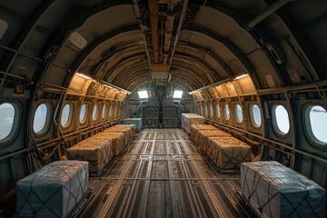 Inside view of an airplane cabin featuring numerous windows, revealing a spacious and well-lit environment for passengers.