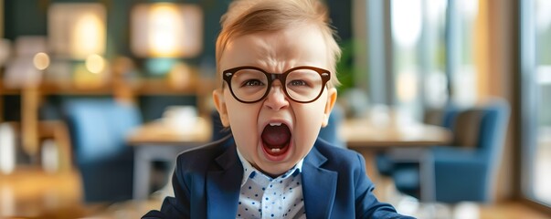 Outraged Baby Business Owner Making a Ruckus in the Corporate Office. Concept Corporate Dysfunction, Outraged Executive, Business Meltdown, Workplace Chaos, Office Drama - obrazy, fototapety, plakaty