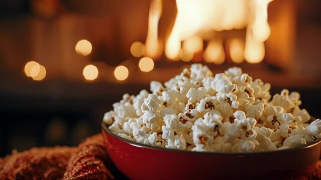 The fires glow casts a warm light on the bowl of fluffy popcorn making it the perfect accompaniment to snuggle up with for a movie night.