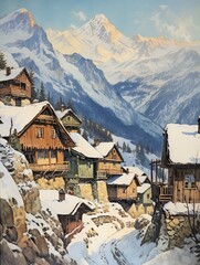 Vintage Winter Charm: Captivating Alpine Villages Painted in Timelessness.
