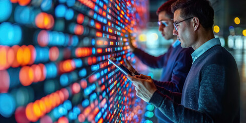Two professionals analyzing data on a large digital screen in a high-tech environment