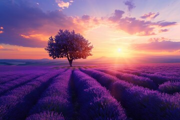 sun setting or rising over a lavendar field with a single tree - obrazy, fototapety, plakaty