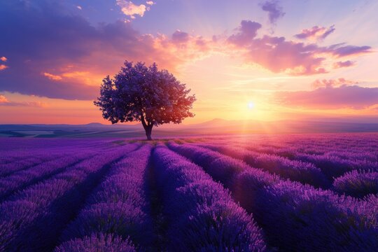 Sun Setting Or Rising Over A Lavendar Field With A Single Tree