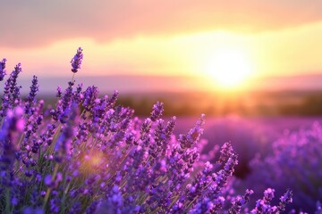 Naklejka premium Sunset over a violet lavender field in Provence