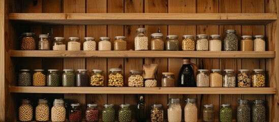 The shelf is lined with wooden shelves holding a variety of glass bottles filled with spices, condiments, and alcoholic beverages