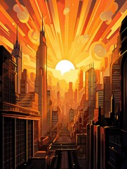 Golden Hour Glow: Art Deco Cityscapes Illuminated with Glowing Style