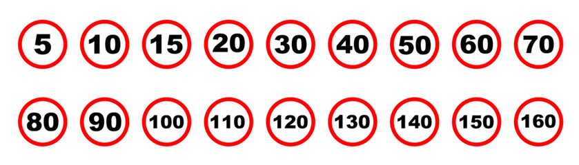 Speed limit signs. Maximum speed roadway signboard. Set of generic speed limit signs. Vector illustration