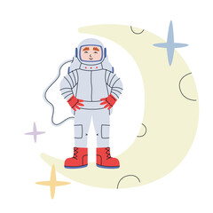 Astronaut standing on moon. Male character in doodle style.