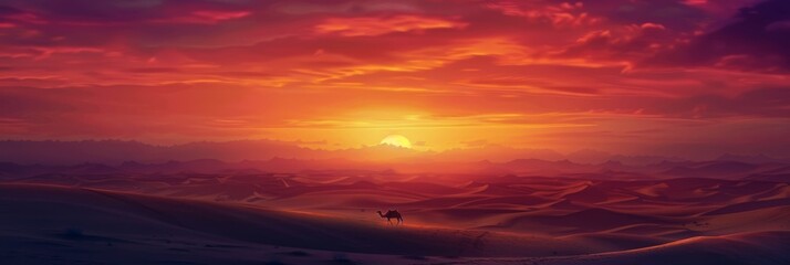 Fototapeta na wymiar Camel at Sunset Beauty of Desert Landscape with Camel Trekking along the Dunes under Sky painted with Hues of Orange, red, purple embodying Spirit of Adventure created with Generative AI Technology