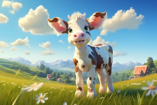 3d cartoon illustration happy cute cow in the pasture