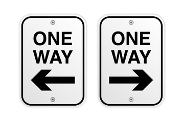 White one way road Signs, One way street sign with left and right arrow. Signs of danger, mandatory, Warning or caution sign. Vector traffic signs illustration.