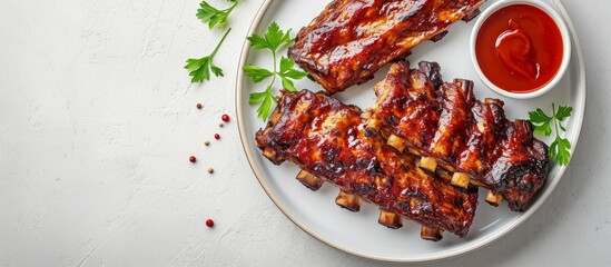 a white plate topped with grilled pork ribs and ketchup . High quality - obrazy, fototapety, plakaty