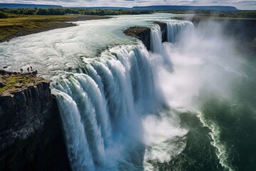 aerial view landscape huge majestic powerful waterfall cascading down