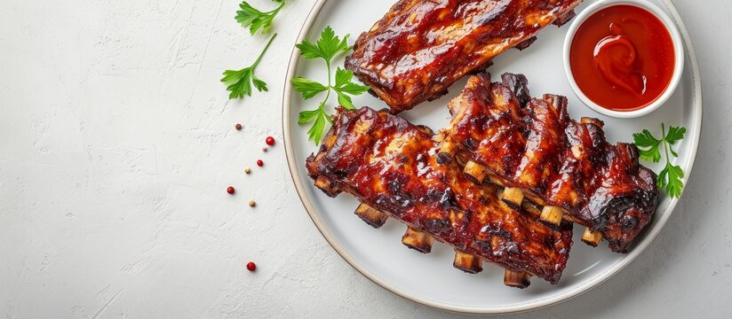 a white plate topped with grilled pork ribs and ketchup . High quality