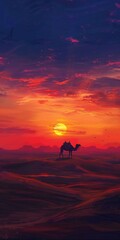 Fototapeta na wymiar Camel at Sunset Beauty of Desert Landscape with Camel Trekking along the Dunes under Sky painted with Hues of Orange, red, purple embodying Spirit of Adventure created with Generative AI Technology