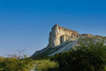 Fototapeta na wymiar White limestone rock, wild mountain nature, national landmark.