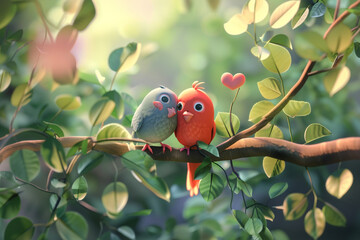 Nature Heart 3D Love Background with Bird Couple Cartoon